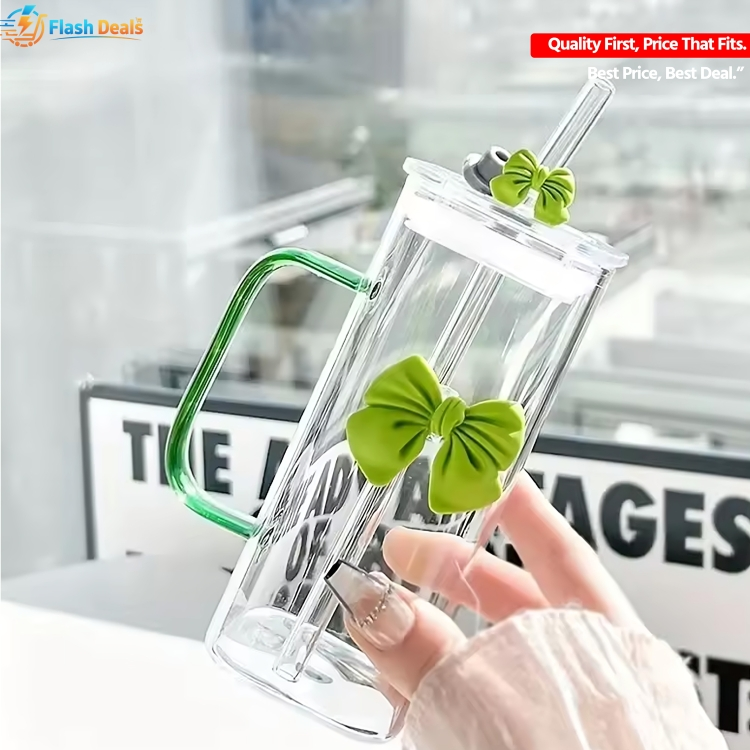 Picture of 350ML Square Mug with Lids and Straws with Bow Water Cup Household Cup Female Milk Coffee Cups with Pink Handle Gift (Multicolor)