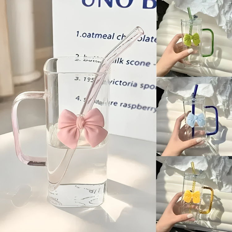 Picture of 350ML Square Mug with Lids and Straws with Bow Water Cup Household Cup Female Milk Coffee Cups with Pink Handle Gift (Multicolor)