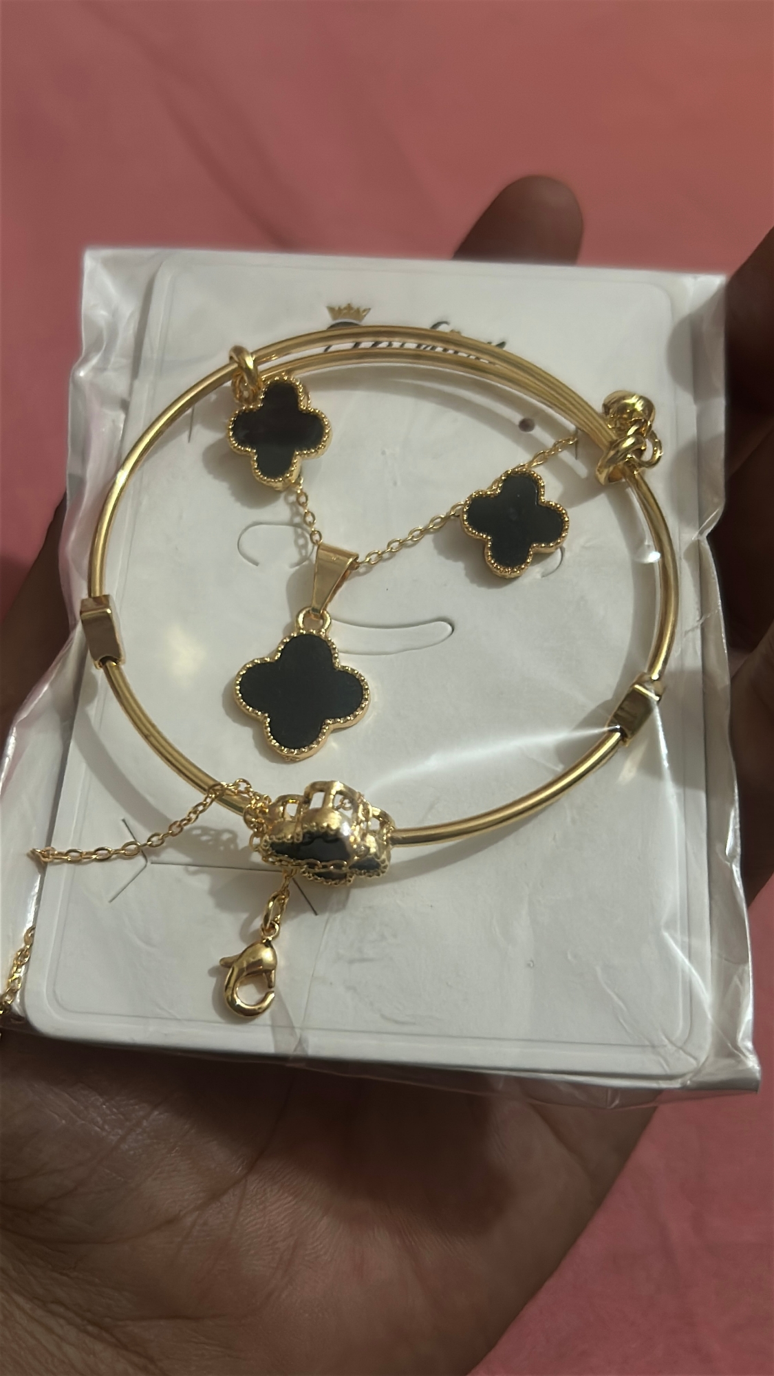 Picture of Luxury 4-Piece Adjustable Jewelry Set for Women - Gold Plated Clover Necklace, Earrings, and Adjustable Bangle Set (Black)