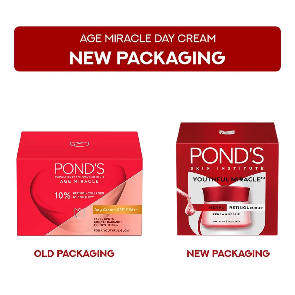 Picture of Indian product Ponds Age miracle youthful Miracle With Haxyl Ratinol Complex Renew & Repair Used For Male /Female - (SPF 15 PA++ Day cream)- 50 Gm