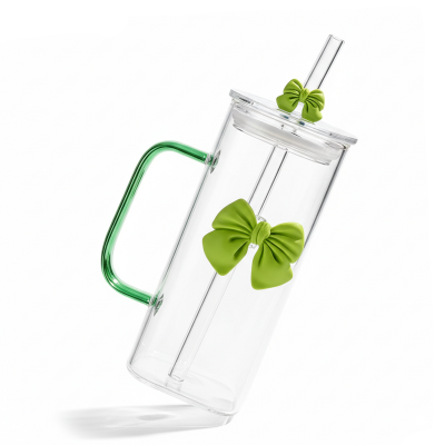 Picture of 350ML Square Mug with Lids and Straws with Bow Water Cup Household Cup Female Milk Coffee Cups with Pink Handle Gift (Multicolor)