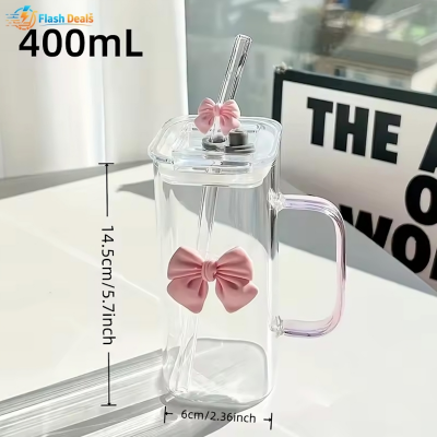 Picture of 350ML Square Mug with Lids and Straws with Bow Water Cup Household Cup Female Milk Coffee Cups with green Handle Gift (Multicolor)