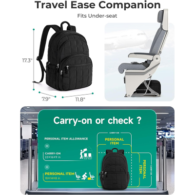 Picture of BAGSMART College Laptop Backpack, Travel Backpack for Women, Quilted Casual Daypack, Water-Resistant Bookbag for 15.6 Inch Laptop, Black