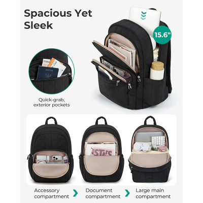 Picture of BAGSMART College Laptop Backpack, Travel Backpack for Women, Quilted Casual Daypack, Water-Resistant Bookbag for 15.6 Inch Laptop, Black