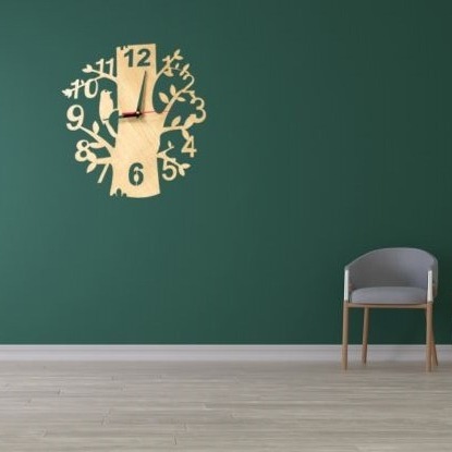 Picture of Wall Clock Tree Birds Shaped  tree with  wooden bird Laser Cut Designer Wooden Wall Clock color wooden and family black by Doob Cart Multicolor