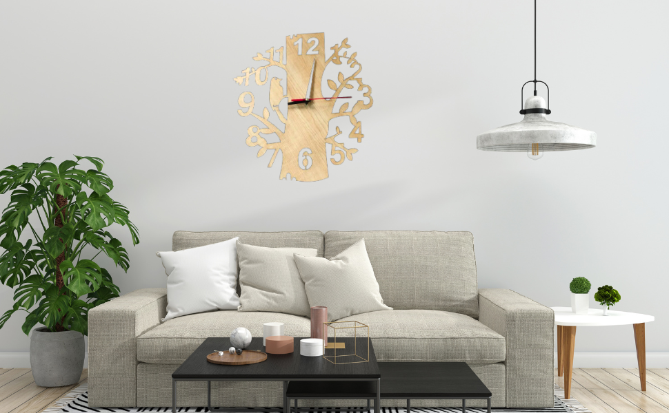 Picture of Wall Clock Tree Birds Shaped  tree with  wooden bird Laser Cut Designer Wooden Wall Clock color wooden and family black by Doob Cart Multicolor