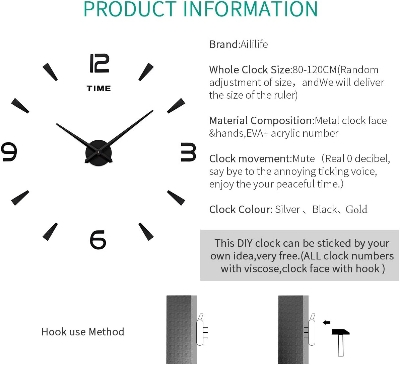 Picture of Luxury Decor 3D DIY Wall Clock,Round Stylish Modern Wall Clock,Battery Operated Non-Ticking Hanging Clocks,for Office,Dining Room,Class Room  30 cm by Doob Cart