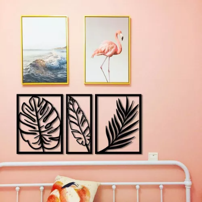 Picture of Tropical Palm Leaf Wall Art Set of 3, Handcrafted Wood Decor, Boho Chic Palm Leaf Decor, Set of 3 Wood Wall Art, Natural Wood Palm Leaf Art by Doob Cart Black