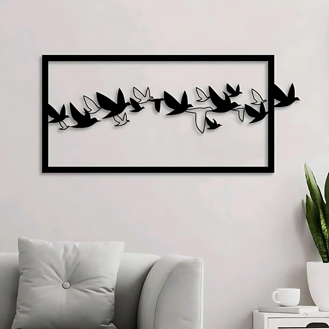 Picture of Flying Birds Out of Frame Wood Wall Art, Geometric Flying Birds Out of Box Wall Decor,Family of Birds Wall Hanging for Living room / Size ( 1200*600 mm) by Doob Cart Black