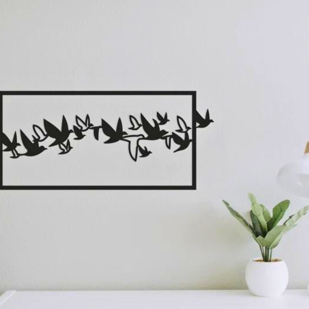Picture of Flying Birds Out of Frame Wood Wall Art, Geometric Flying Birds Out of Box Wall Decor,Family of Birds Wall Hanging for Living room / Size ( 1200*600 mm) by Doob Cart Black
