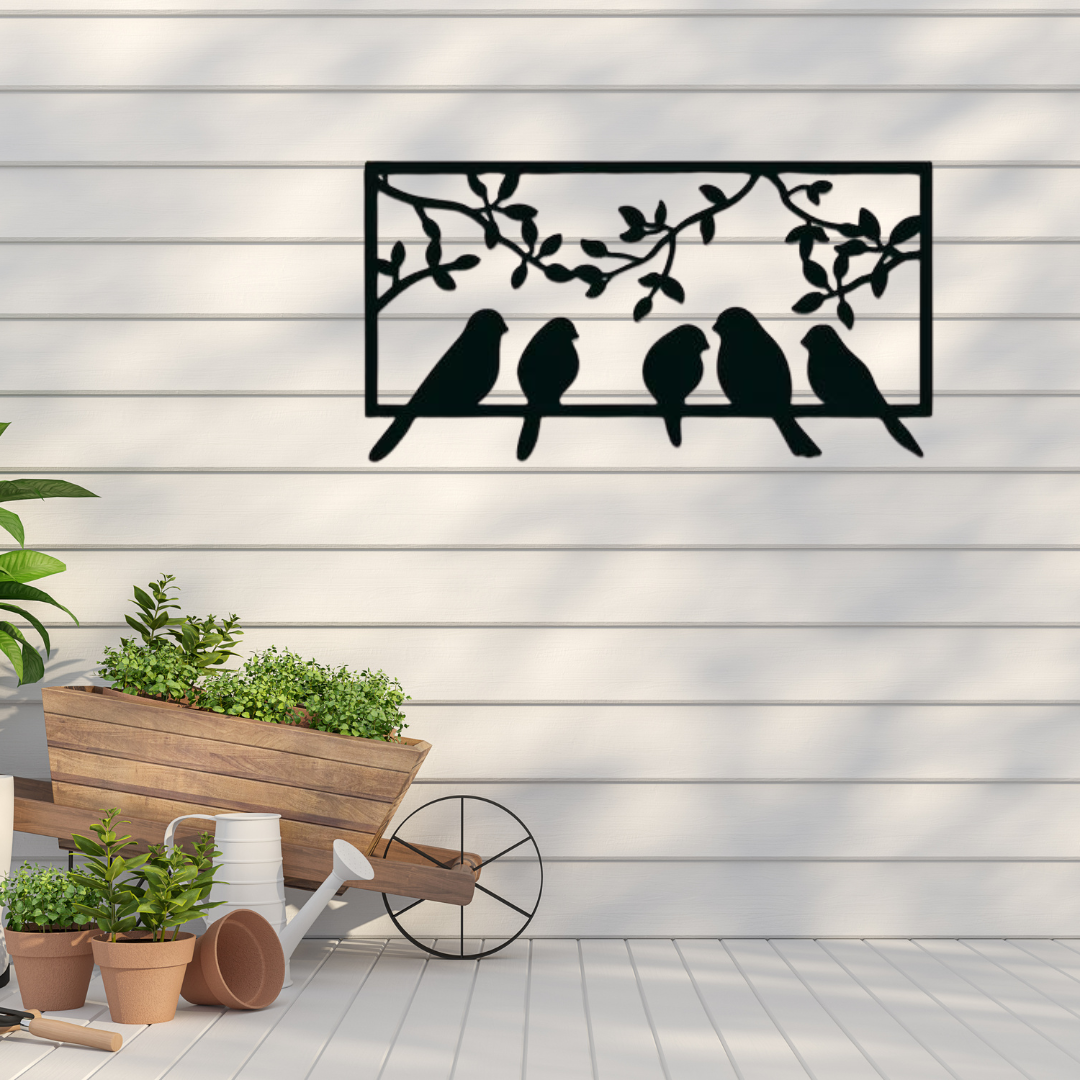 Picture of eco friendly wooden 5 black birds perch gracefully on a branch of the frame,wooden wall art decor , Hanging for Home Decoration / Size ( 1200*600 mm) by Doob Cart Black