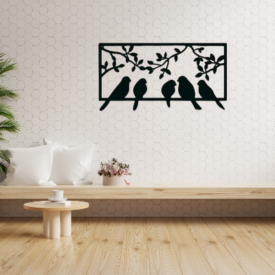 Picture of eco friendly wooden 5 black birds perch gracefully on a branch of the frame,wooden wall art decor , Hanging for Home Decoration / Size ( 1200*600 mm) by Doob Cart Black