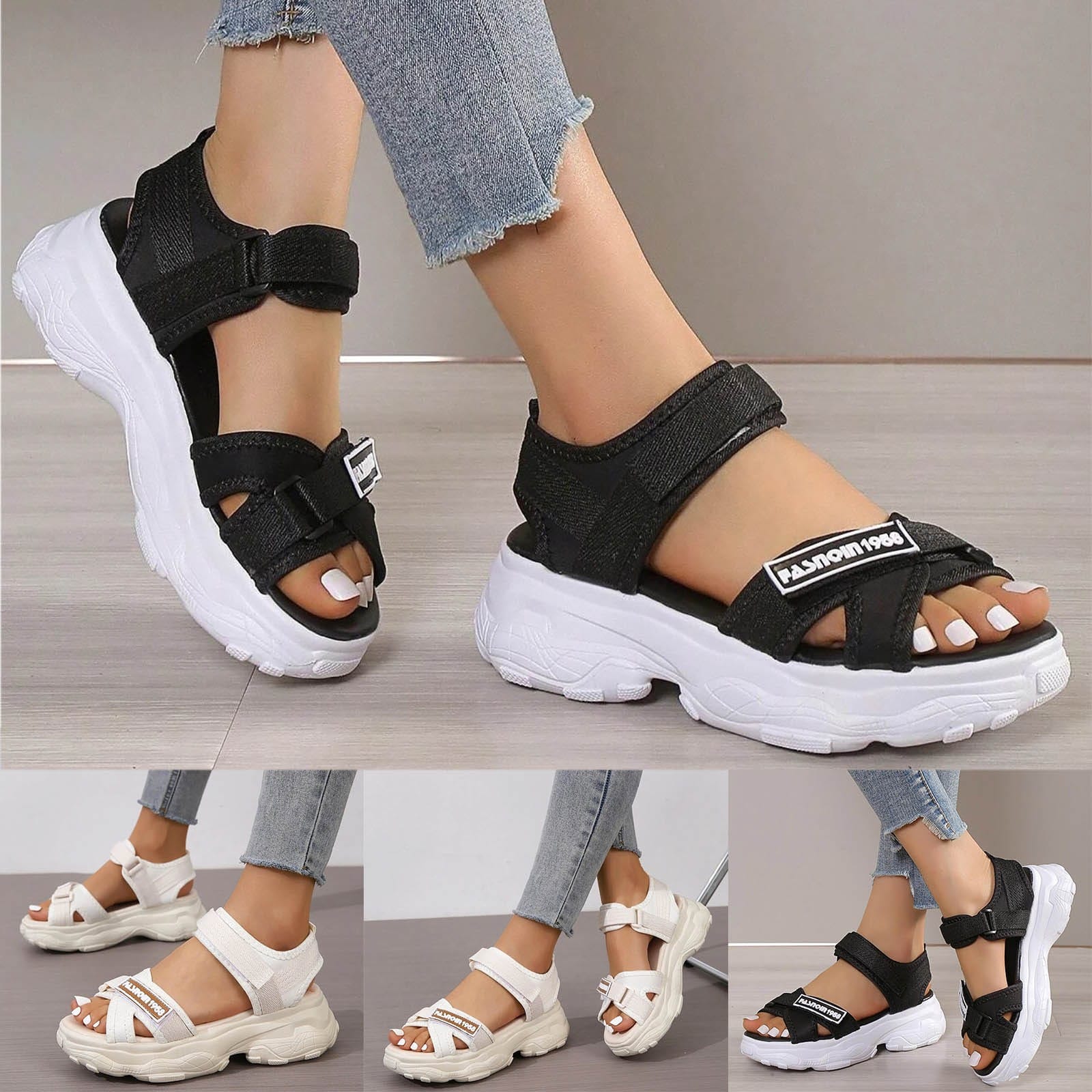 Picture of Sports Sandals Women's  Summer New Flat Student Korean-style All-match Thick Bottom Platform Cyber Celebrity Casual Beach Shoes-Black