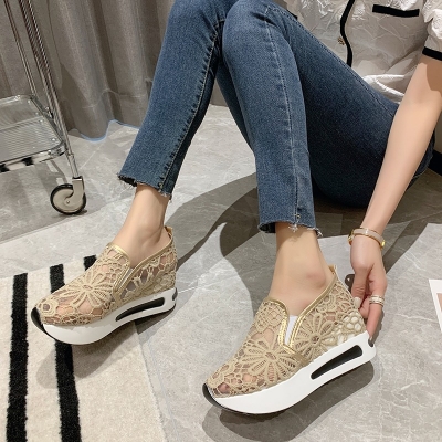 Picture of Trendy breathable lightweight fashion elegant drop shipping mesh upper thick sole sports casual shoes for ladies- Off White