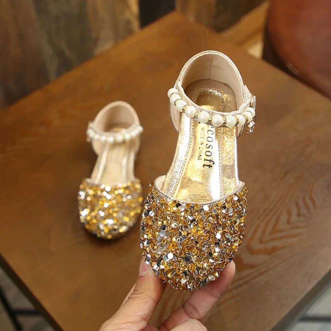 Picture of Lovely Princess Wedding shoes girls summer fashion element mary jane sandals pearl Sequins flat Rubber insole