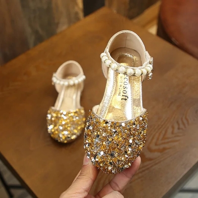 Picture of Lovely Princess Wedding shoes girls summer fashion element mary jane sandals pearl Sequins flat Rubber insole
