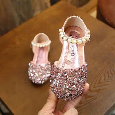 Picture of Lovely Princess Wedding shoes girls summer fashion element mary jane sandals pearl Sequins flat Rubber insole
