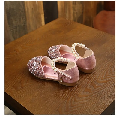 Picture of Lovely Princess Wedding shoes girls summer fashion element mary jane sandals pearl Sequins flat Rubber insole