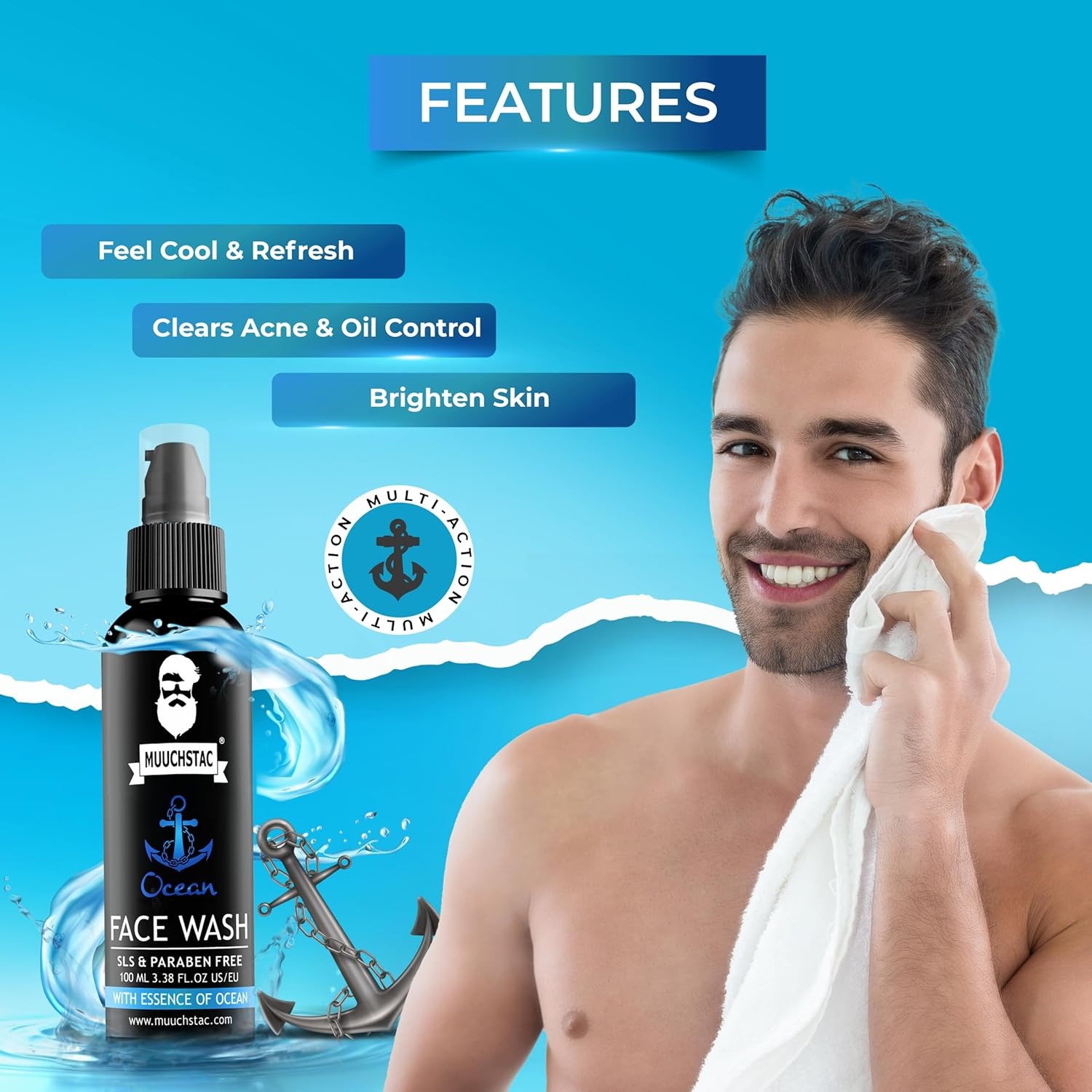 Picture of Muuchstac Ocean Face Wash for Men | Fight Acne & Pimples, Brighten Skin, Clears Dirt, Oil Control, Refreshing Feel - Multi-Action Formula (100 ml) 1pcs