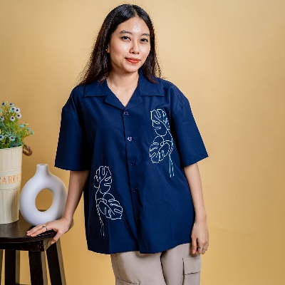 Picture of Mad Koffee Women’s Embroidery Cuban Shirts — Midnight Navy