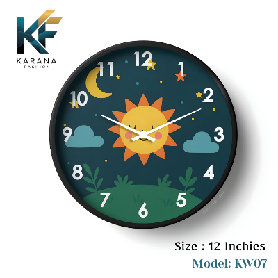 Picture of Karana Fashion (KW07) 12-Inch Cute Sun & Moon Kids Wall Clock - Playful Nursery & Bedroom Décor - Black