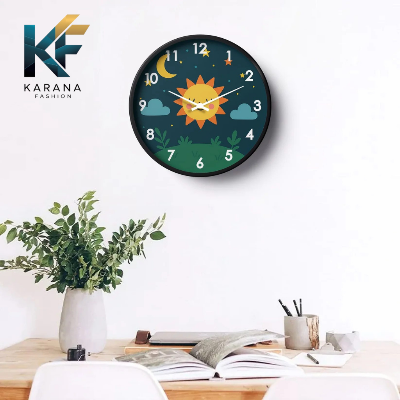 Picture of Karana Fashion (KW07) 12-Inch Cute Sun & Moon Kids Wall Clock - Playful Nursery & Bedroom Décor - Black