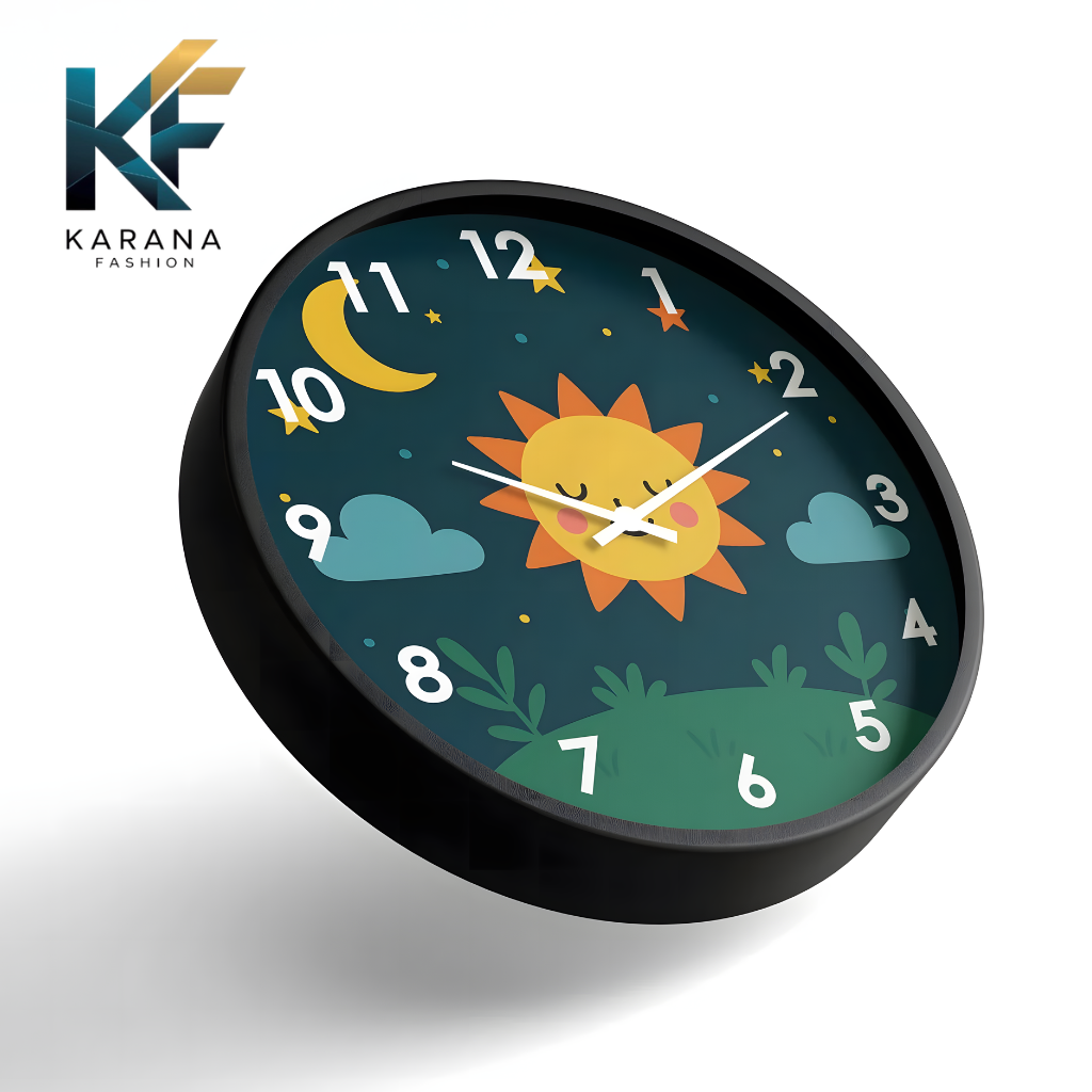 Picture of Karana Fashion (KW07) 12-Inch Cute Sun & Moon Kids Wall Clock - Playful Nursery & Bedroom Décor - Black