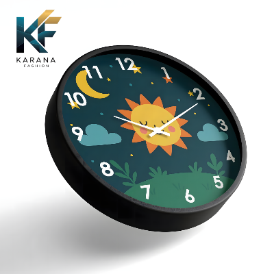 Picture of Karana Fashion (KW07) 12-Inch Cute Sun & Moon Kids Wall Clock - Playful Nursery & Bedroom Décor - Black