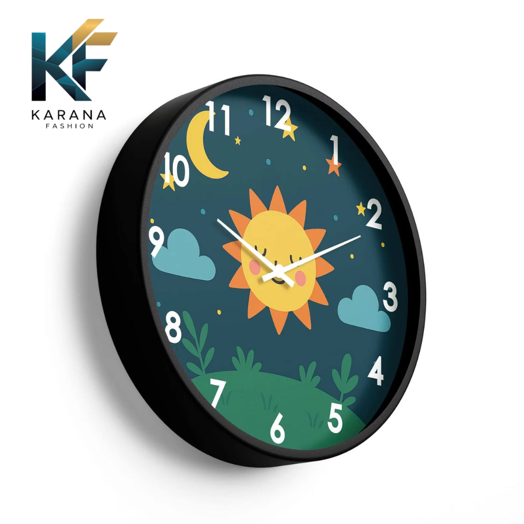 Picture of Karana Fashion (KW07) 12-Inch Cute Sun & Moon Kids Wall Clock - Playful Nursery & Bedroom Décor - Black