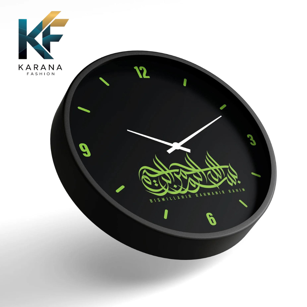 Picture of Karana Fashion (KW08) 12-Inch Bismillah Calligraphy Wall Clock - Modern Black & Lime Green Islamic Décor - Black