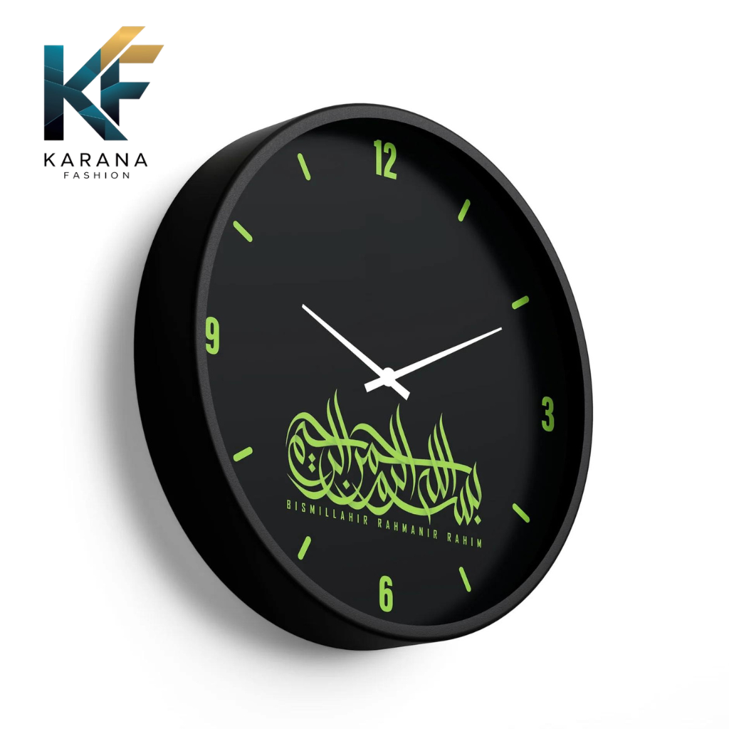 Picture of Karana Fashion (KW08) 12-Inch Bismillah Calligraphy Wall Clock - Modern Black & Lime Green Islamic Décor - Black