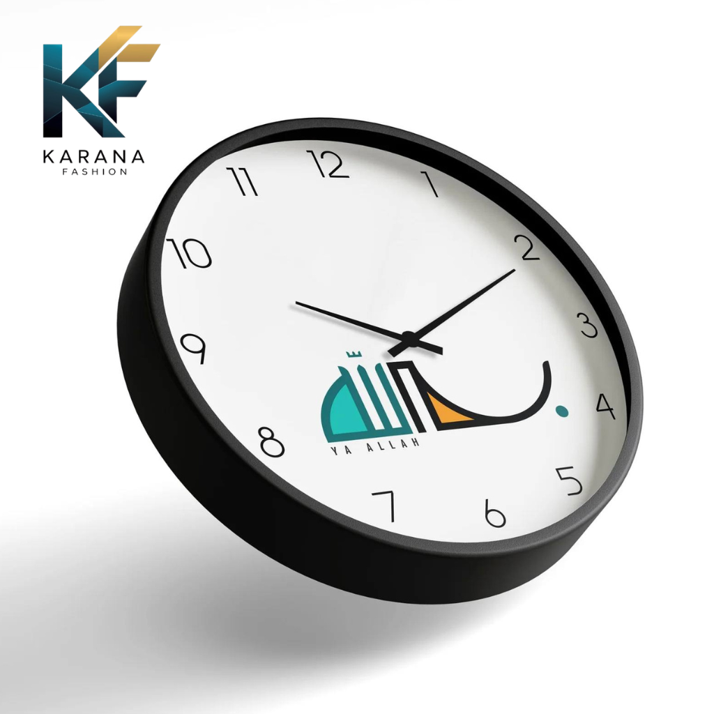Picture of Karana Fashion (KW11) 12-Inch "Ya Allah" Calligraphy Wall Clock - Modern Minimalist Islamic Décor - Black