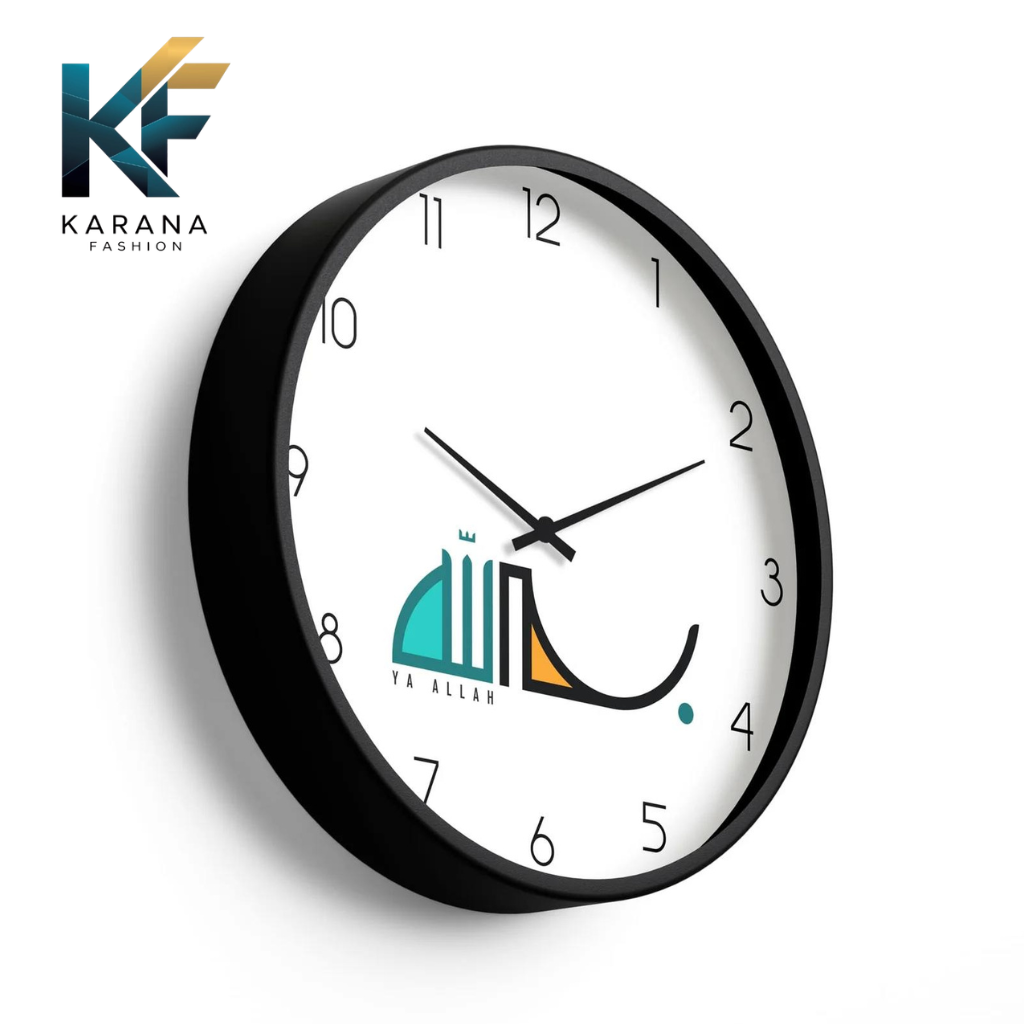 Picture of Karana Fashion (KW11) 12-Inch "Ya Allah" Calligraphy Wall Clock - Modern Minimalist Islamic Décor - Black