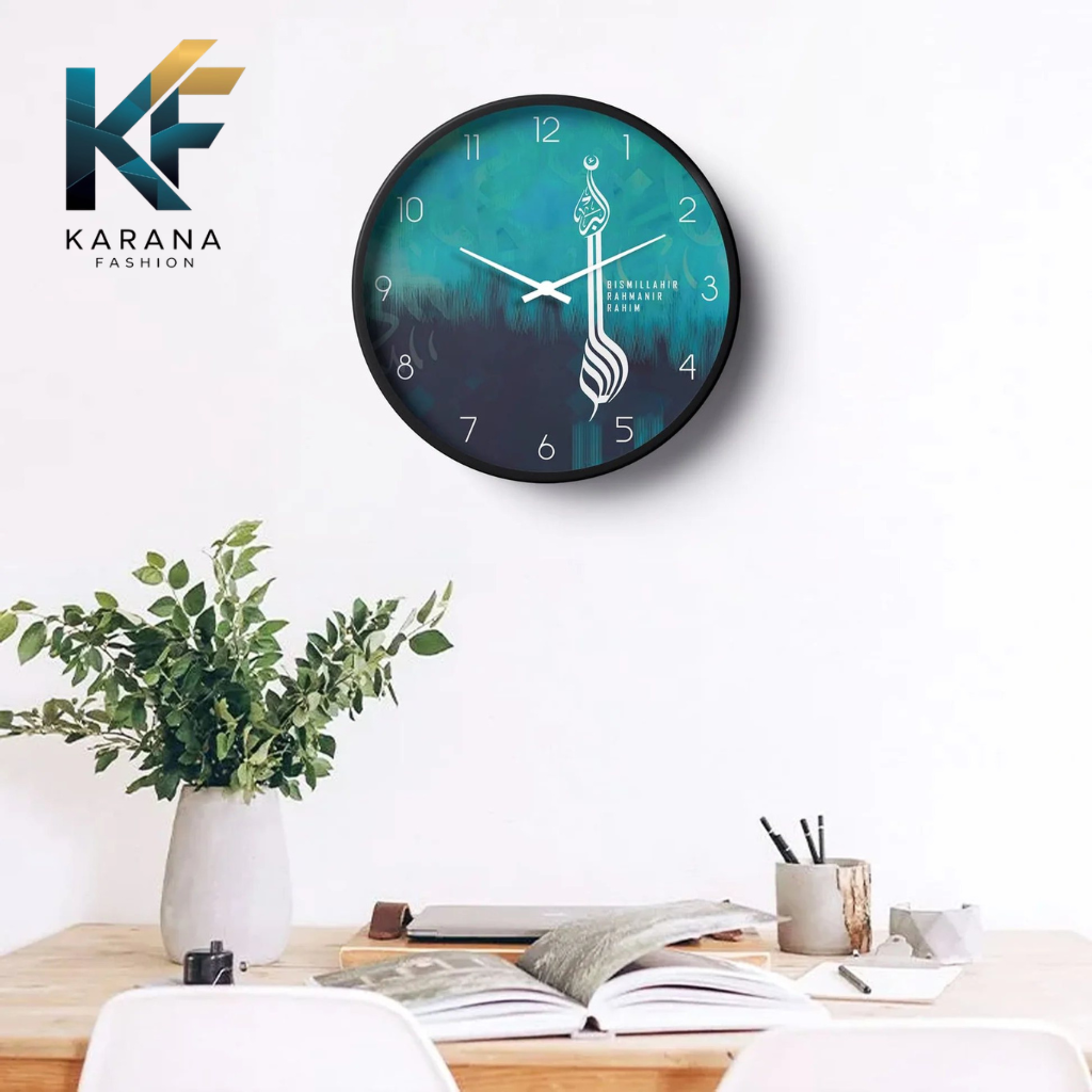 Picture of Karana Fashion (KW12) 12-Inch Bismillah Calligraphy Wall Clock - Artistic Teal & Navy Islamic Home Décor - Black
