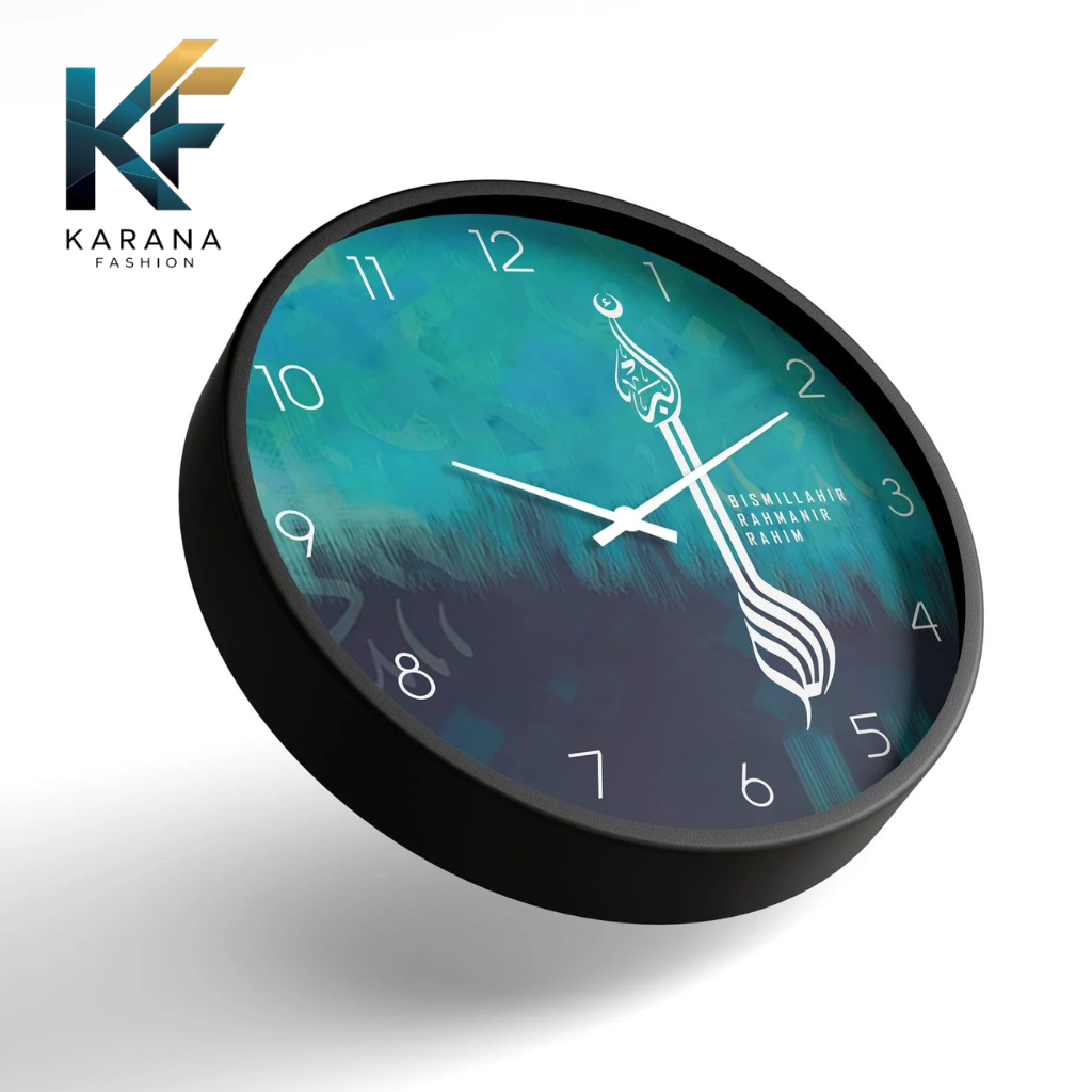 Picture of Karana Fashion (KW12) 12-Inch Bismillah Calligraphy Wall Clock - Artistic Teal & Navy Islamic Home Décor - Black