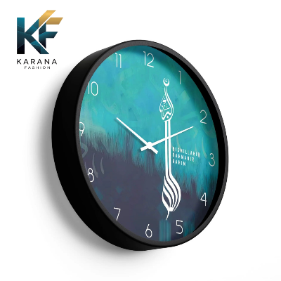 Picture of Karana Fashion (KW12) 12-Inch Bismillah Calligraphy Wall Clock - Artistic Teal & Navy Islamic Home Décor - Black