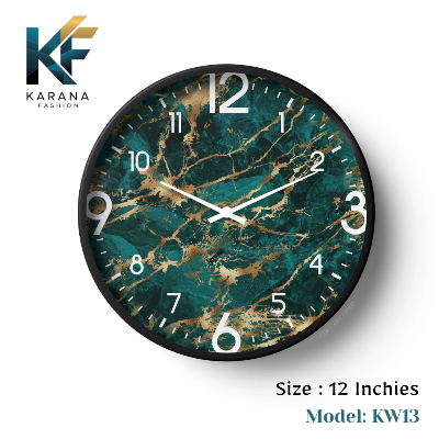 Picture of Karana Fashion (KW13) 12-Inch Luxury Green Marble & Gold Wall Clock - Premium Emerald Stone Effect Décor - Black
