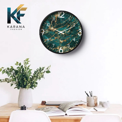 Picture of Karana Fashion (KW13) 12-Inch Luxury Green Marble & Gold Wall Clock - Premium Emerald Stone Effect Décor - Black