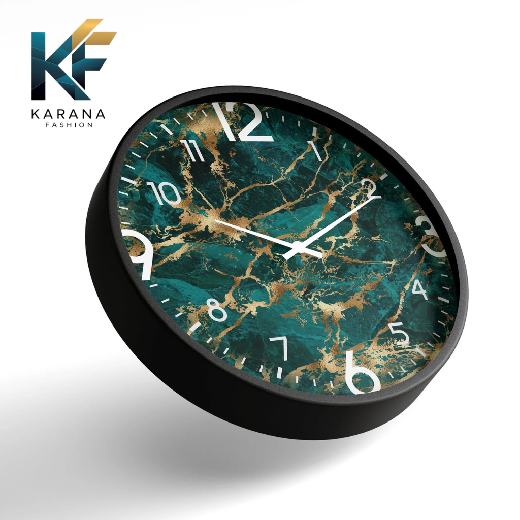 Picture of Karana Fashion (KW13) 12-Inch Luxury Green Marble & Gold Wall Clock - Premium Emerald Stone Effect Décor - Black