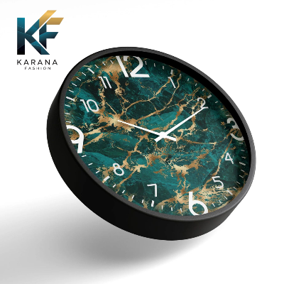 Picture of Karana Fashion (KW13) 12-Inch Luxury Green Marble & Gold Wall Clock - Premium Emerald Stone Effect Décor - Black