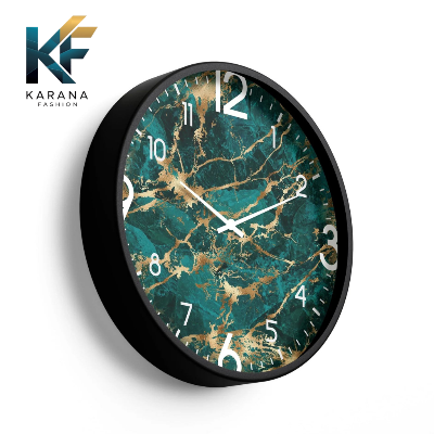 Picture of Karana Fashion (KW13) 12-Inch Luxury Green Marble & Gold Wall Clock - Premium Emerald Stone Effect Décor - Black
