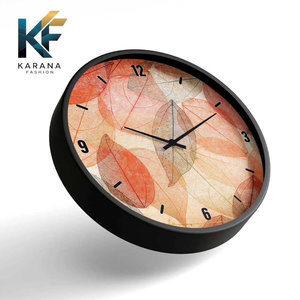 Picture of Karana Fashion (KW15) 12-Inch Autumn Leaves Wall Clock - Warm Skeleton Leaf Aesthetic Home Décor - Black