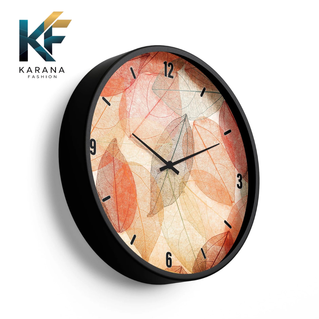 Picture of Karana Fashion (KW15) 12-Inch Autumn Leaves Wall Clock - Warm Skeleton Leaf Aesthetic Home Décor - Black