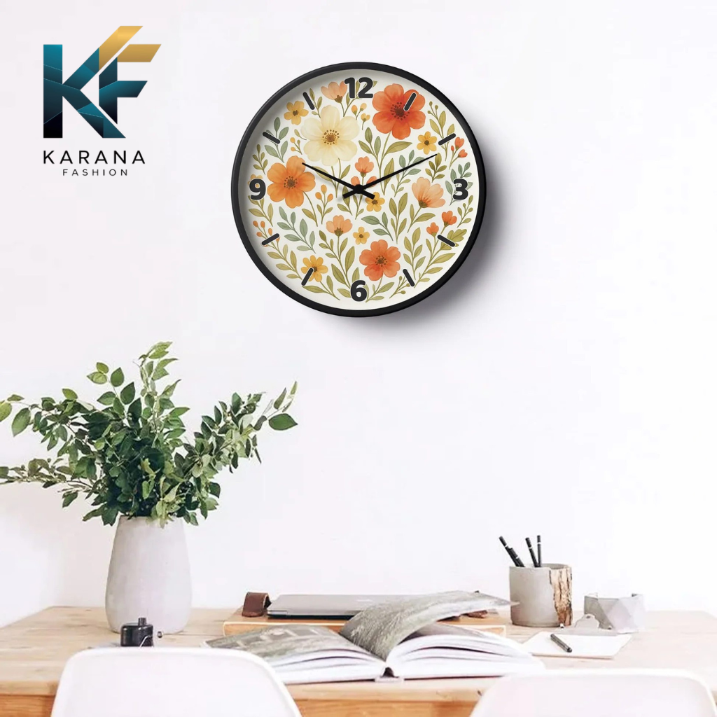 Picture of Karana Fashion (KW18) 12-Inch Blooming Floral Wall Clock - Elegant Orange & Cream Botanical Home Décor - Black