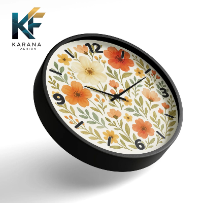 Picture of Karana Fashion (KW18) 12-Inch Blooming Floral Wall Clock - Elegant Orange & Cream Botanical Home Décor - Black
