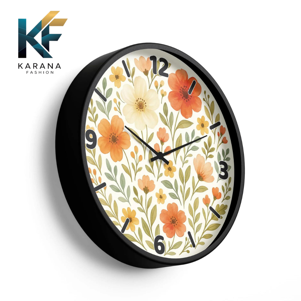 Picture of Karana Fashion (KW18) 12-Inch Blooming Floral Wall Clock - Elegant Orange & Cream Botanical Home Décor - Black
