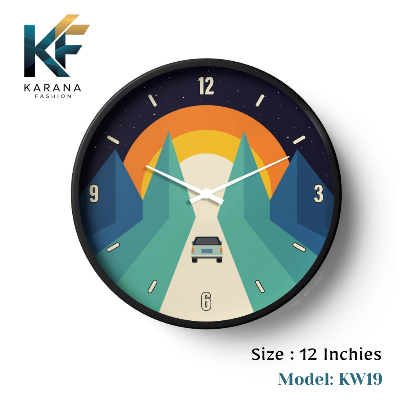 Picture of Karana Fashion (KW19) 12-Inch Sunset Road Trip Wall Clock - Creative Minimalist Mountain Landscape Décor - Black