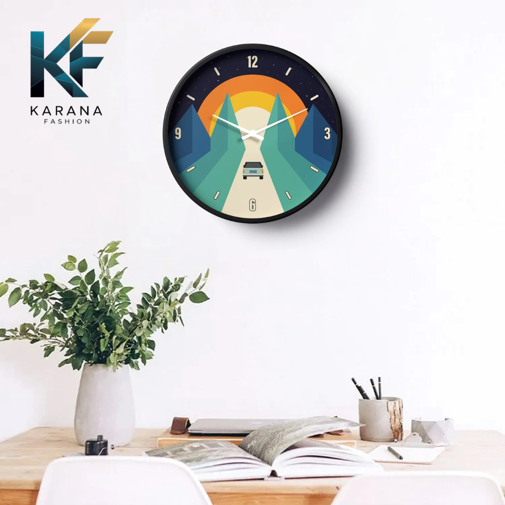 Picture of Karana Fashion (KW19) 12-Inch Sunset Road Trip Wall Clock - Creative Minimalist Mountain Landscape Décor - Black