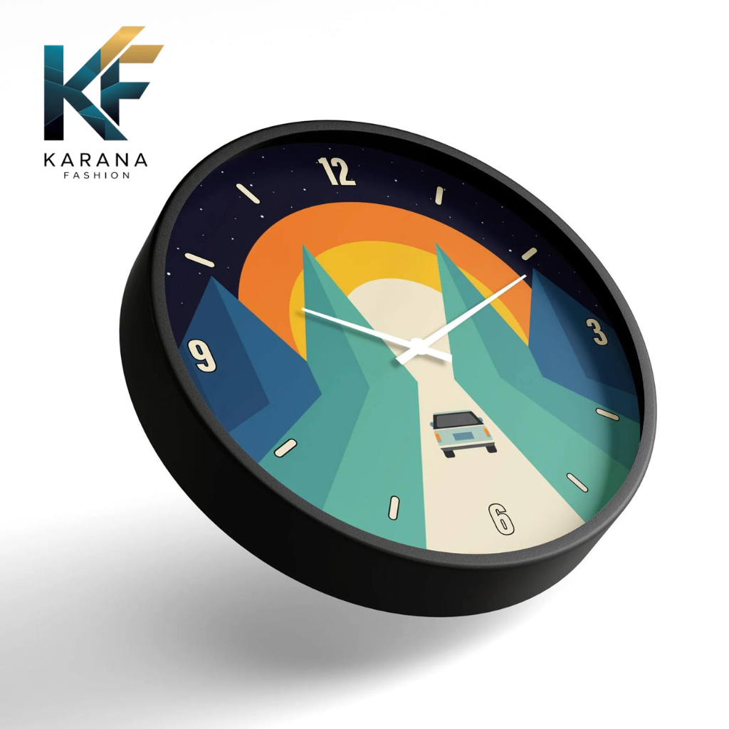 Picture of Karana Fashion (KW19) 12-Inch Sunset Road Trip Wall Clock - Creative Minimalist Mountain Landscape Décor - Black