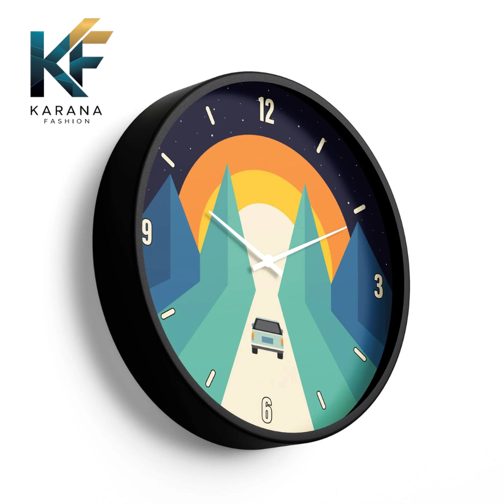 Picture of Karana Fashion (KW19) 12-Inch Sunset Road Trip Wall Clock - Creative Minimalist Mountain Landscape Décor - Black